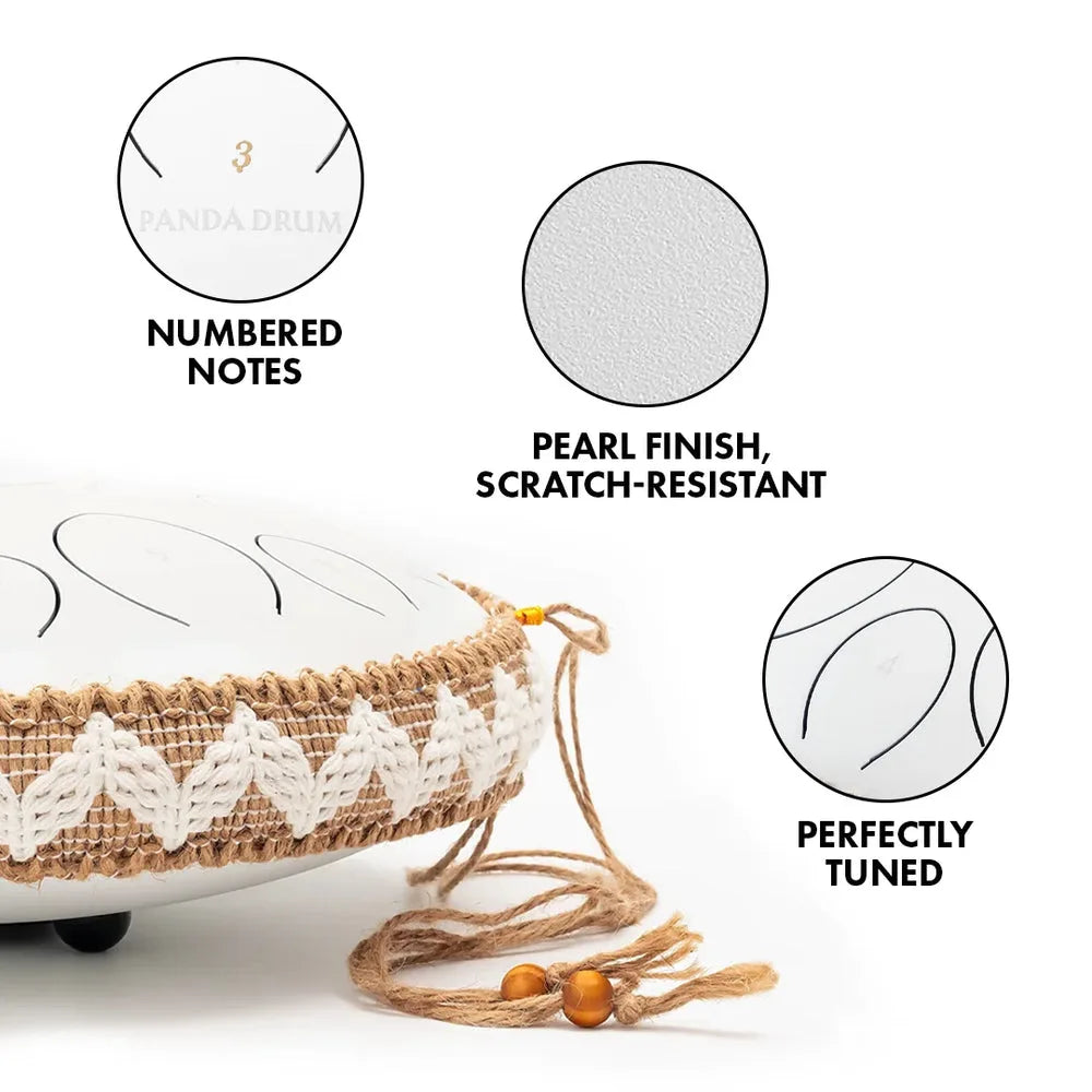 Panda Drum Pro details: numbered notes, scratch-resistant pearl finish, perfectly tuned