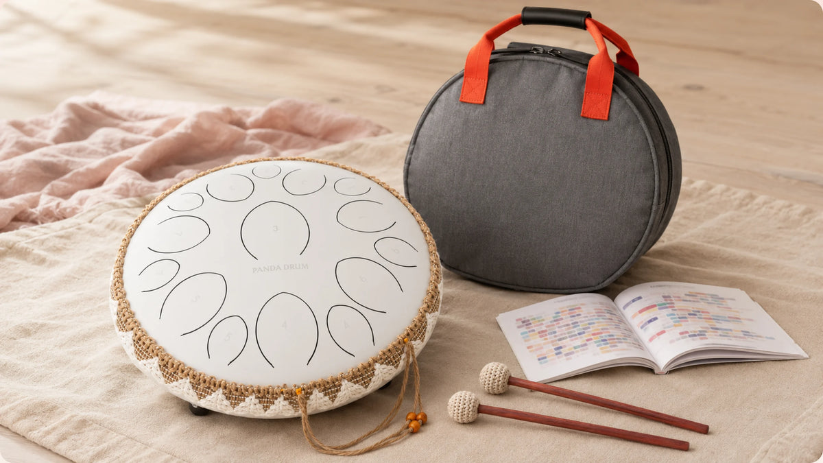 A Panda Drum, songbook, bamboo mallets and carry bag laid out on a linen throw