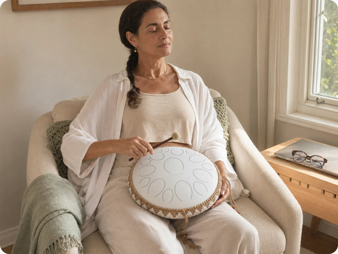 Woman relaxing in an armchair, playing a Panda Drum resting on her lap