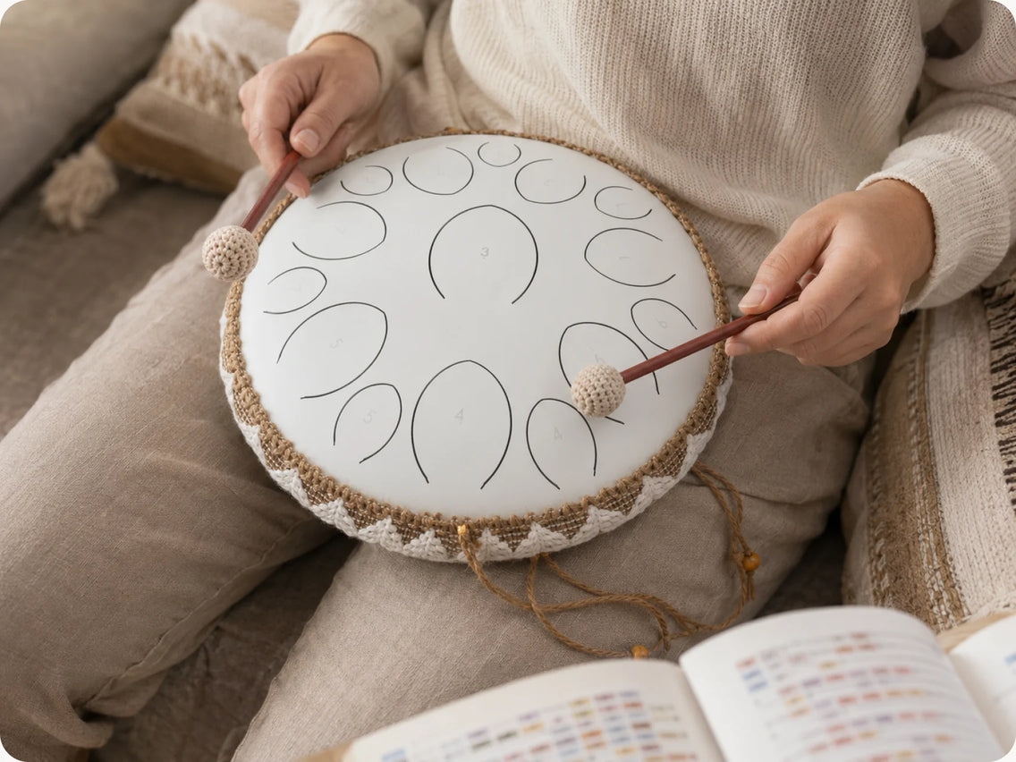 Close-up of hands striking a Panda Drum with two mallets