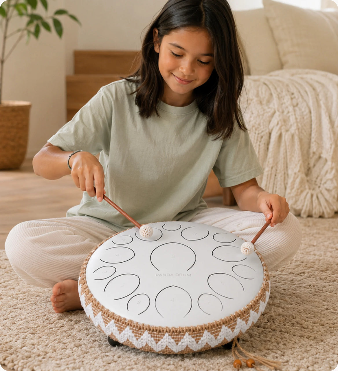 A child playing the Panda Drum, calm and focused