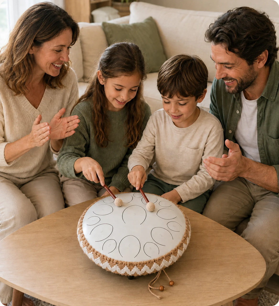 A family playing the Panda Drum together at home