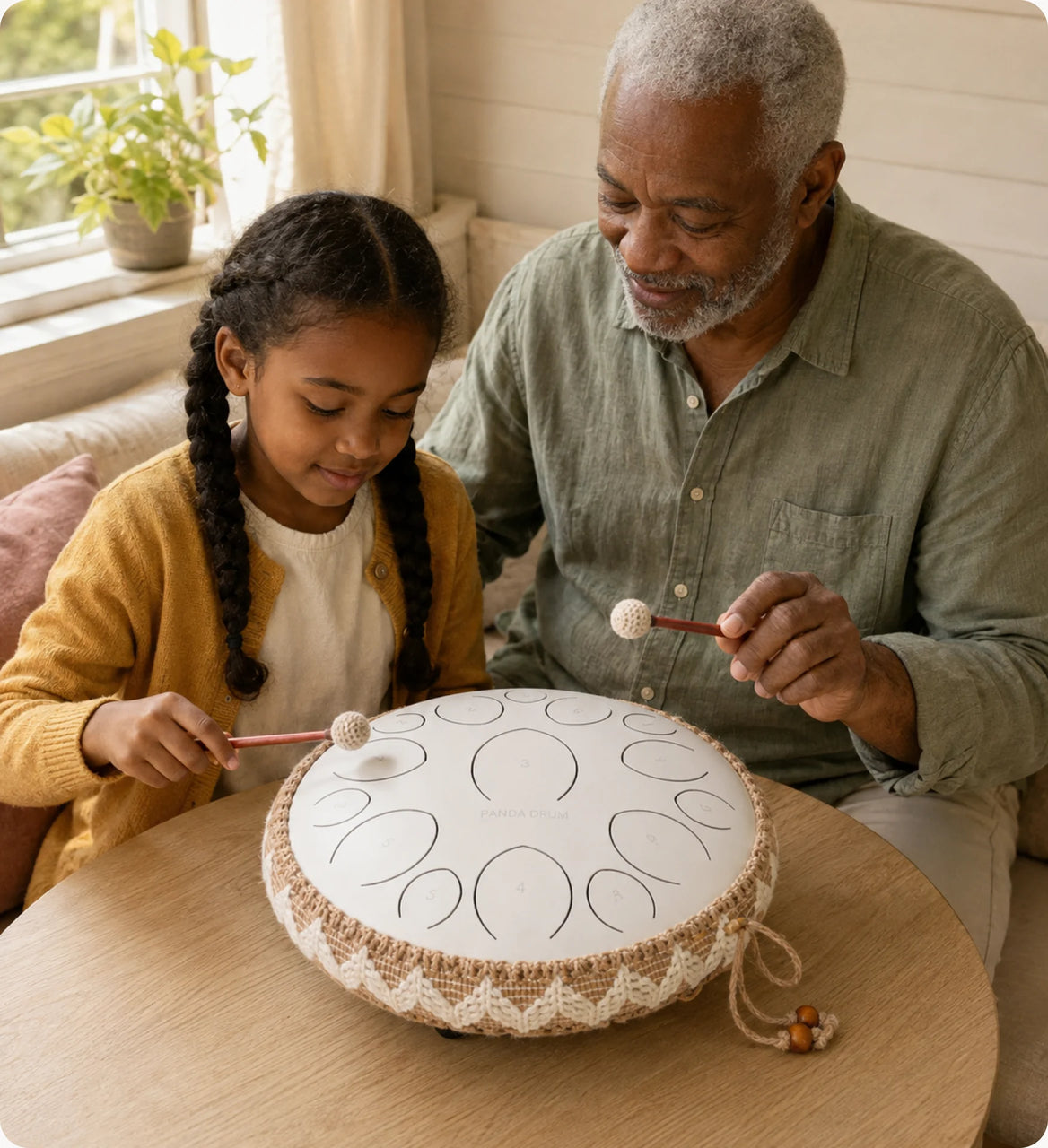 An adult playing the Panda Drum after the children have gone to bed